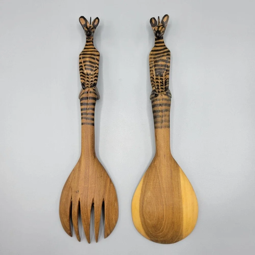Hand Carved Wooden Sitting Zebra Salad Server Set Spoon & Fork
